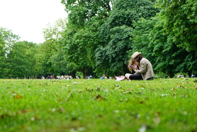 two people sitting in a lush, green park